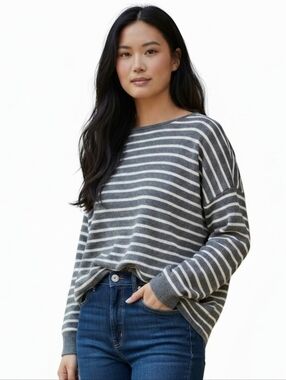 Eileen Fisher Striped Knit Sweater Womens Large Gray White Lightweight Relaxed M